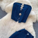 Women Summer American Denim Strapless Top and Bell Bottom Pant Two Piece Set