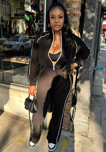 Women Stand Collar Zipper Top and Side Strip Bell Bottom Pant Two Piece Set
