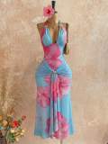 Women Summer V Neck Halter Neck Print Backless Dress
