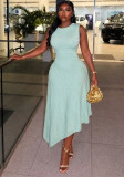 Women French Sleeveless Knit Summer Slash Shoulder Irregular Bodycon Dress