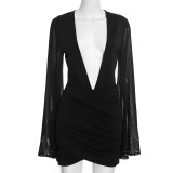 Women Autumn Sexy V Neck Mesh Bell Bottom Long Sleeve Ruched Bodycon Dress