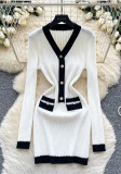 Women French Color Block V Neck Metal Buckle Long Sleeve Knit Dress