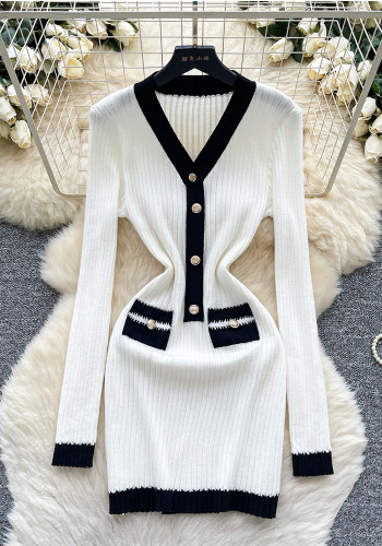 Women French Color Block V Neck Metal Buckle Long Sleeve Knit Dress