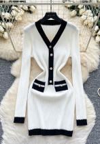 Women French Color Block V Neck Metal Buckle Long Sleeve Knit Dress Women French Color Block V Neck Metal Buckle Long Sleeve Knit Dress