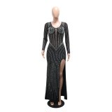 Women Solid Mesh Beaded Split Maxi Dress