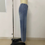 Women Autumn Light Blue Curved Casual Denim Wide Leg Pants