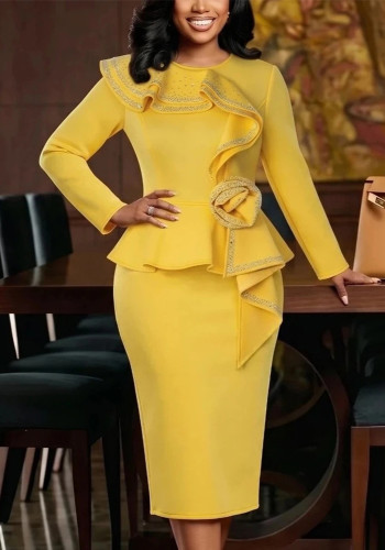 Women Autumn Long Sleeve Patchwork Solid Floral Ruffle Bodycon Dress