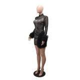 Women Stand Collar See-Through Beaded Long Sleeve Bodycon Dress