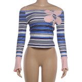 Women’s Fall Off Shoulder Striped Color Block Printed Top