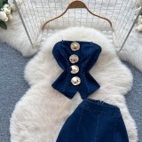 Women Denim Metal Buckle Spaghetti Strap Strapless Tank Top and Bell Bottom Pants Two Piece Set