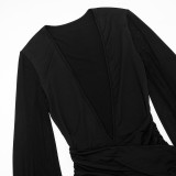 Women Autumn Sexy V Neck Mesh Bell Bottom Long Sleeve Ruched Bodycon Dress