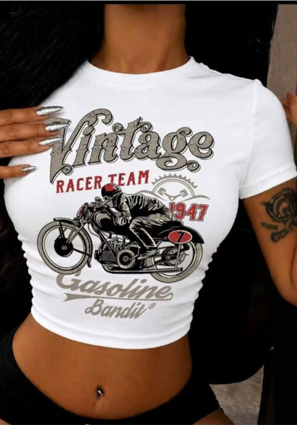 Women Moto Racing Print Short Sleeve Crop T-Shirt