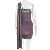 Women Solid Ruched Casual One Shoulder Strapless Sleeveless Backless Bodycon Dress