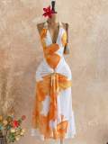 Women Summer V Neck Halter Neck Print Backless Dress