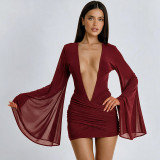 Women Autumn Sexy V Neck Mesh Bell Bottom Long Sleeve Ruched Bodycon Dress