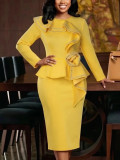 Women Autumn Long Sleeve Patchwork Solid Floral Ruffle Bodycon Dress