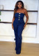 Women Denim Metal Buckle Spaghetti Strap Strapless Tank Top and Bell Bottom Pants Two Piece Set