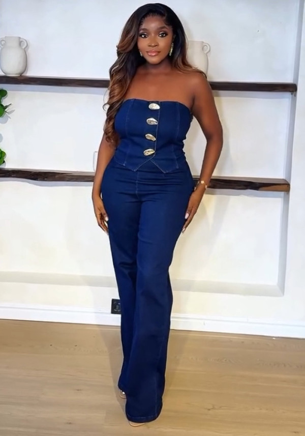 Women Denim Metal Buckle Spaghetti Strap Strapless Tank Top and Bell Bottom Pants Two Piece Set