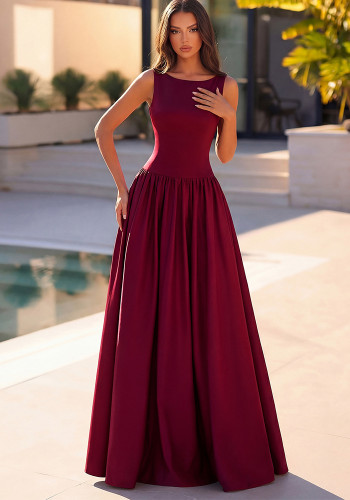Women Solid Sleeveless Round Neck French Hollow Lace-Up Formal Party Evening Dress
