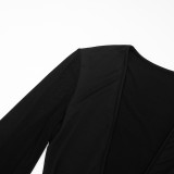 Women Autumn Sexy V Neck Mesh Bell Bottom Long Sleeve Ruched Bodycon Dress