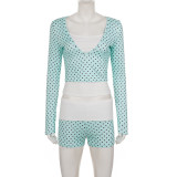 Women Polka Dot Color Block Long Sleeve Top and Shorts Casual Loungewear Three-Piece Set