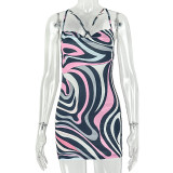 Women Color Block Backless U-Neck Spaghetti Strap Bodycon Dress