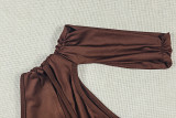 Women Solid Lace-Up Ruched Slash Shoulder Sleeveless Asymmetric Bodycon Dress