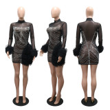 Women Stand Collar See-Through Beaded Long Sleeve Bodycon Dress