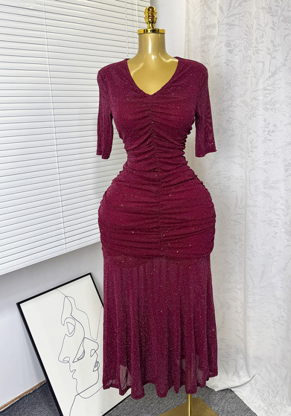 Women French Elegant Stretchy Mesh Ruched V Neck Summer Maxi Dress