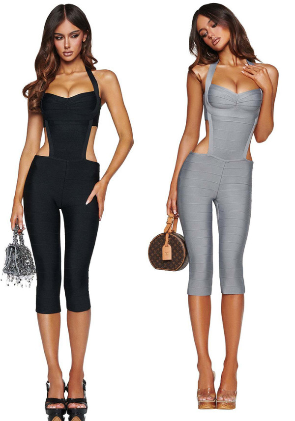 Women Sexy Solid Bandage Halter Neck Backless Zipper 5-Point Jumpsuit