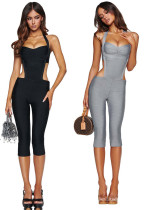 Women Sexy Solid Bandage Halter Neck Backless Zipper 5-Point Jumpsuit Women Sexy Solid Bandage Halter Neck Backless Zipper 5-Point Jumpsuit