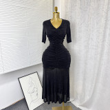 Women French Elegant Stretchy Mesh Ruched V Neck Summer Maxi Dress