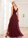 Women V-Neck Beaded Chiffon Sleeveless Side Slit Evening Gown