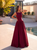 Women Solid Sleeveless Round Neck French Hollow Lace-Up Formal Party Evening Dress