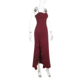 Women Summer Holidays Sexy Spaghetti Strap Ruffle Split Dress