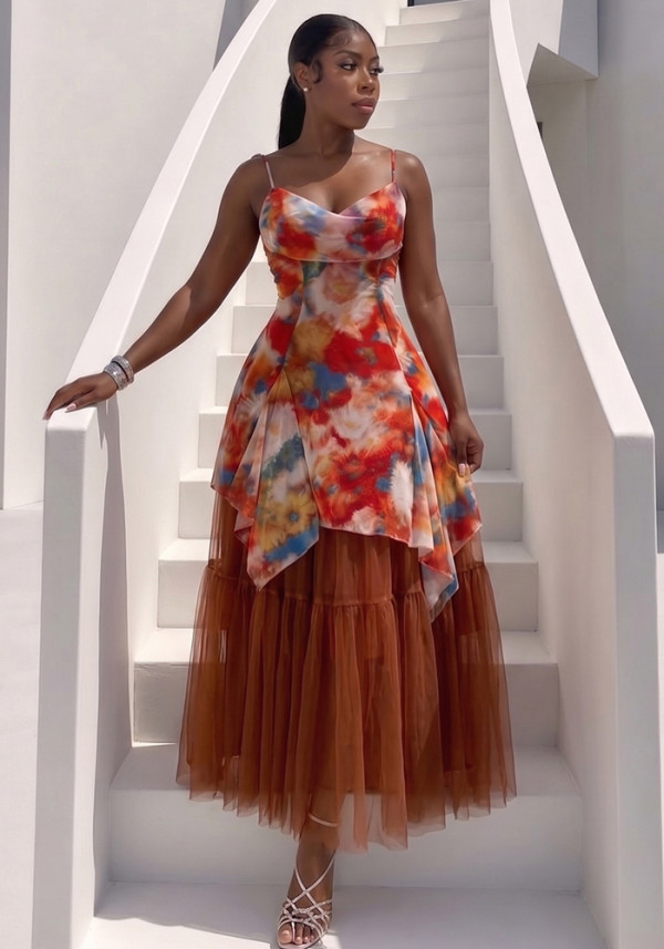 Women Holidays Tie Dye Print Mesh Strap Dress