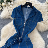 Women French Turndown Collar Zipper Denim Summer Dress