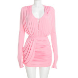 Women Autumn Solid Ruched Button Long Sleeve Bodysuit
