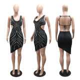 Women Sexy Backless Tie Beaded Irregular Bodycon Dress