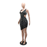Women Sexy Backless Tie Beaded Irregular Bodycon Dress