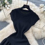 Women Short Sleeve Knit Black Dress