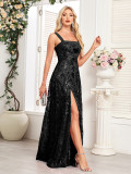 Women Sequin Flower Embroidery Slit Party Dress