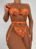 Women Orange Embroidered Underwire Bra Garter Lingerie Set