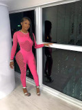 Women Autumn Solid Round Neck Long Sleeve Hollow See-Through Sexy Knit Jumpsuit