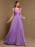 Women V-Neck Beaded Chiffon Sleeveless Side Slit Evening Gown