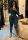 Women Blue Black Striped Zipper Hooded Rivet Top and Shorts Two Piece Set
