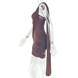 Women Solid Ruched Casual One Shoulder Strapless Sleeveless Backless Bodycon Dress