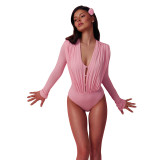 Women Autumn Solid Ruched Button Long Sleeve Bodysuit