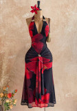Women Summer V Neck Halter Neck Print Backless Dress