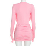Women Autumn Solid Ruched Button Long Sleeve Bodysuit